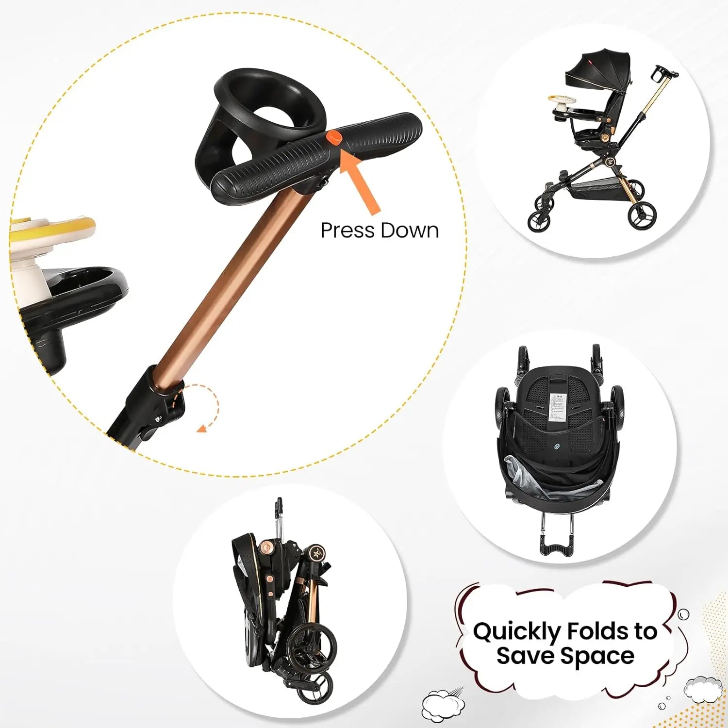 Lightweight Stroller with Bassinet Mode One Hand Easy Fold Newborn Pram Stroller with Reversible Seat Adjustable Handles Canopy