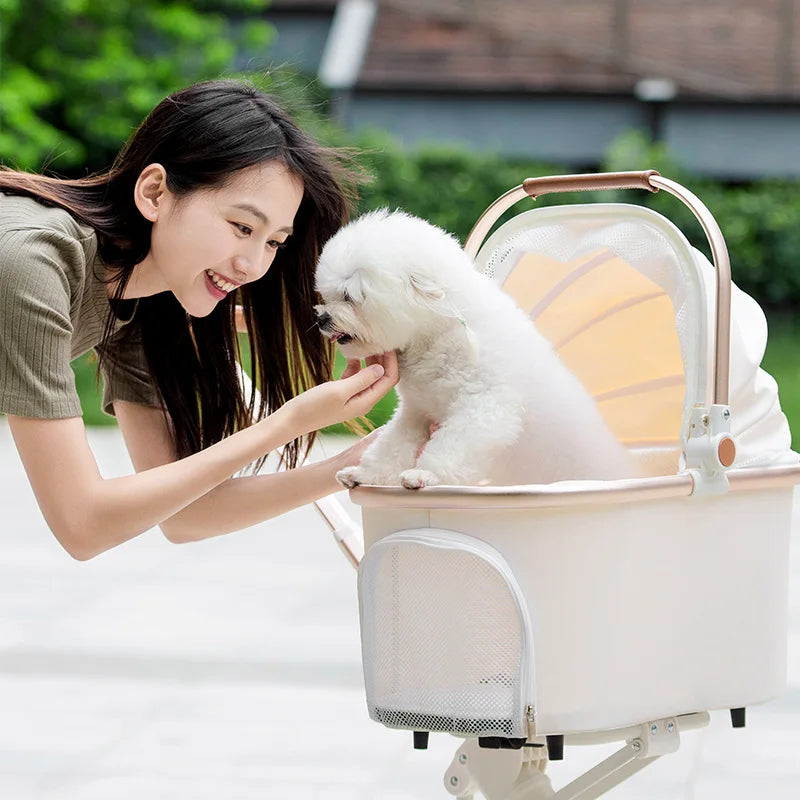 Foldable Strollers For Dogs Cats Milk White PU High Landscape Pet Stroller Outdoor Travel Pet Trolley Bearing Weight 15 KG
