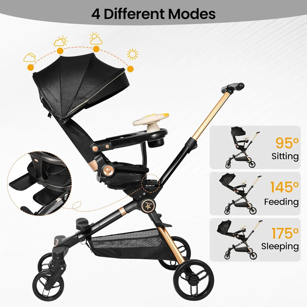 Lightweight Stroller with Bassinet Mode One Hand Easy Fold Newborn Pram Stroller with Reversible Seat Adjustable Handles Canopy