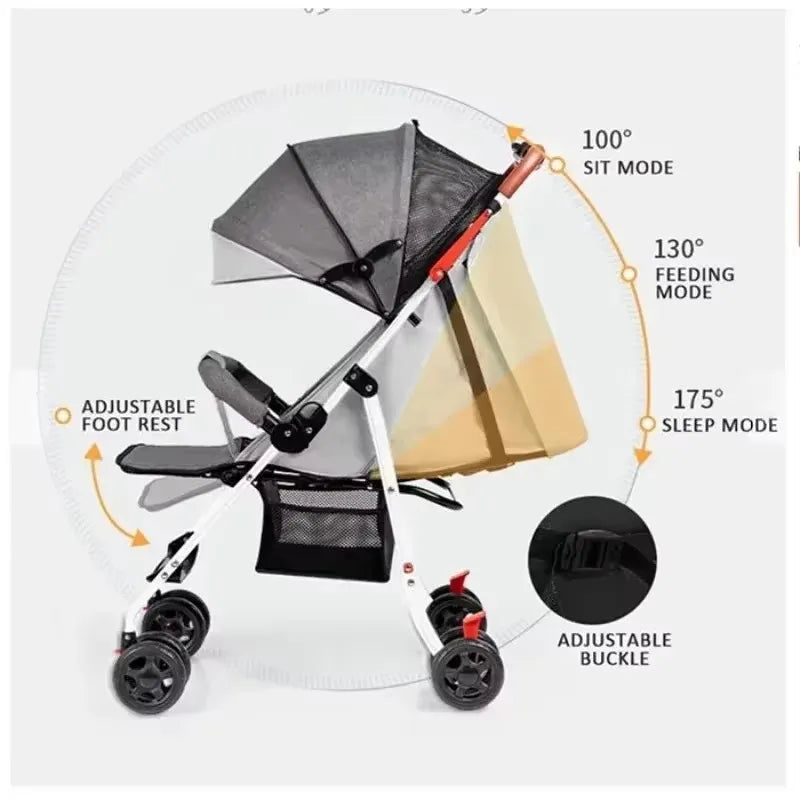 Lightweight Baby Stroller Foldable Reclining Seat One Hand Fold All Terrain Wheels for Outdoor Travel Infants Toddlers Newborn